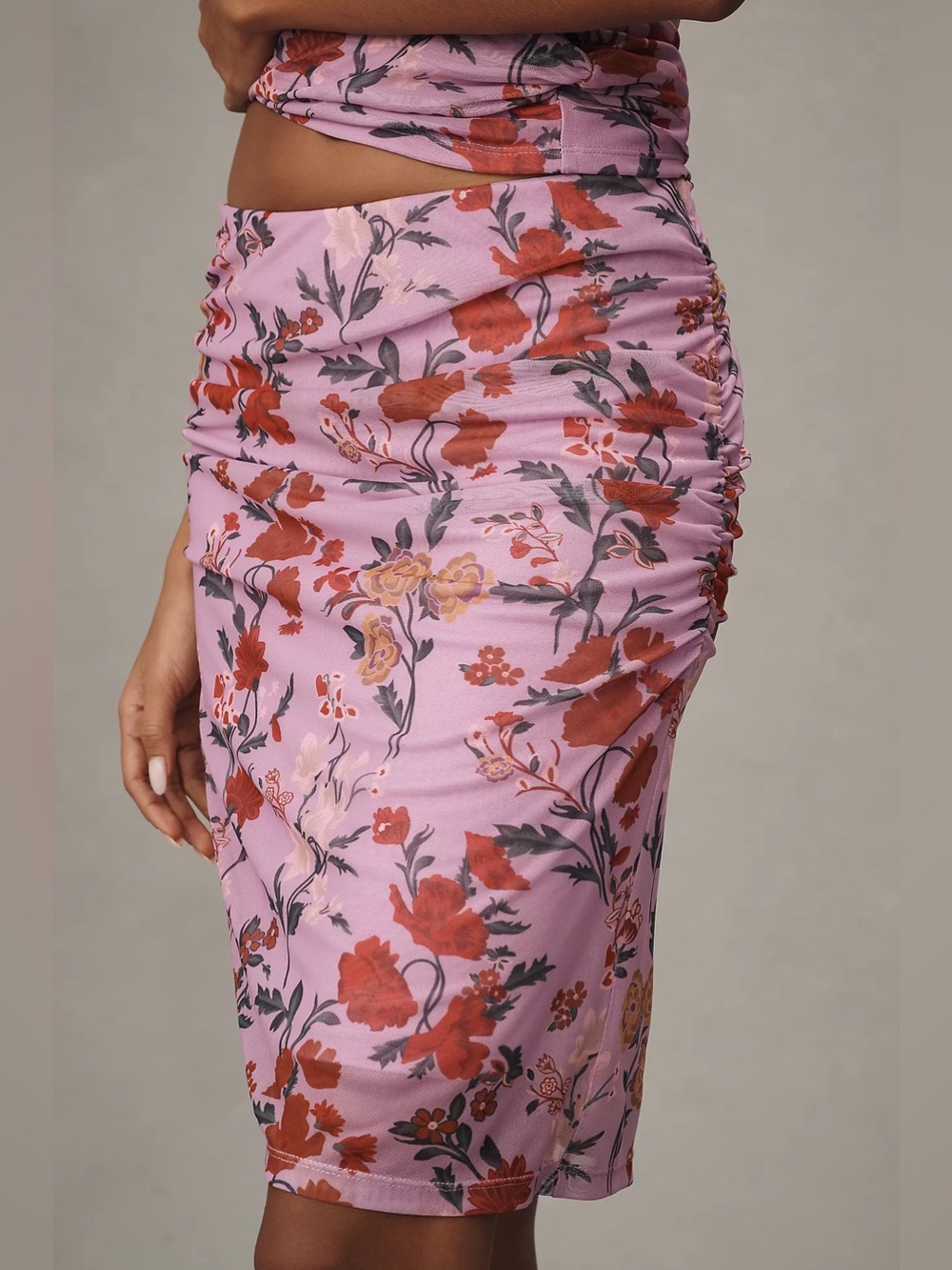 Anthropologie Printed Mesh Knee-Length Skirt Pink Floral Motif XL Pull-On Ruched